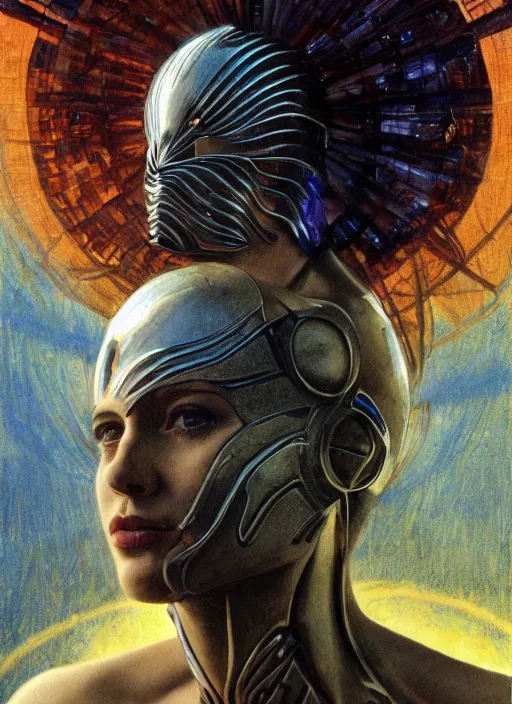 Image similar to a biblical diabolical beautiful female android, hawk, shiny hi - tech armor, dynamic pose, splashing, heavy eyes to the side, closeup, bright glowing veins, in clouds, rain, sunset, portrait, by gerald brom, by mikhail vrubel, by peter elson, muted colors, extreme detail, reflections, trending on artstation, 8 k