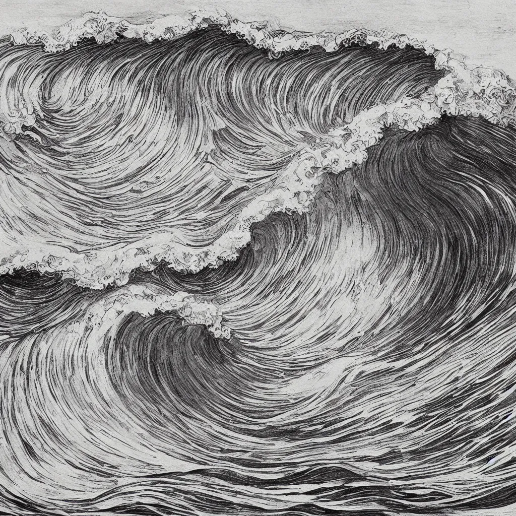 Image similar to an beautiful painting of one single hawaiian wave painted by albrecht durer, monochromatic color scheme, high detail, breathtaking wave, lineart, line art, soft colors, simplicity