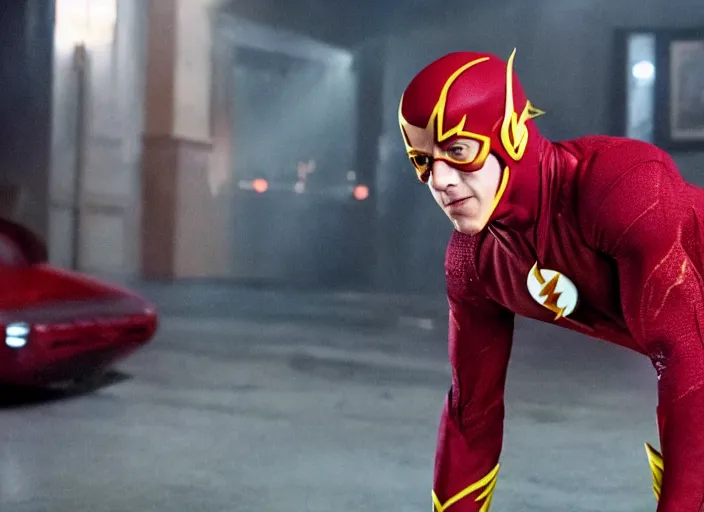 Image similar to film still of danny devito as the flash in the new flash movie, 4 k