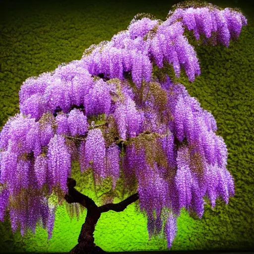 Prompt: a photo of a blooming wisteria bonsai tree, purple, cinematic, golden ratio, beautiful, 8k,