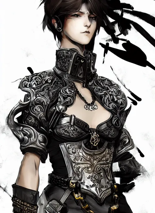 Prompt: Half body portrait of young woman with short silver hair wearing ornate leather tunic, pirate attire. In style of Yoji Shinkawa and Hyung-tae Kim, trending on ArtStation, dark fantasy, great composition, concept art, highly detailed, dynamic pose.
