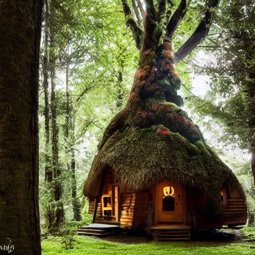 Prompt: cozy cottage inside a giant tree