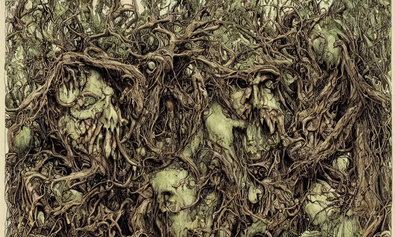 Image similar to hyperdetailed art nouveau portrait of treebeard and swamp thing as a cthulhu eyeball moose skull wendigo swamp thing creatures, by michael kaluta, pushead and bill sienkiewicz, photorealism, claws, skeleton, antlers, fangs, forest, wild, bizarre, scary, lynn varley, lovern kindzierski, steve oliff