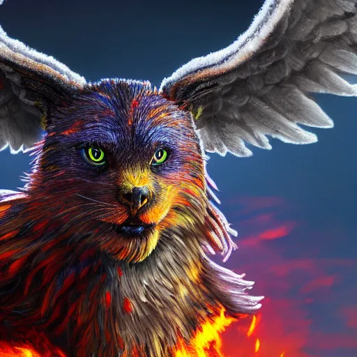 Prompt: A wide shot of griffin in the sky, colorful eyes, glowing eyes, fire, frost, angry, demonic, detailed, realism, hyper-realistic, 8k, hd, detailed face, looking up in the sky,