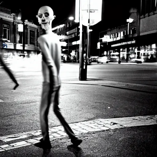 Image similar to old night photography of an alien walking in the streets at of a city at night, real, photography, security camera, found footage