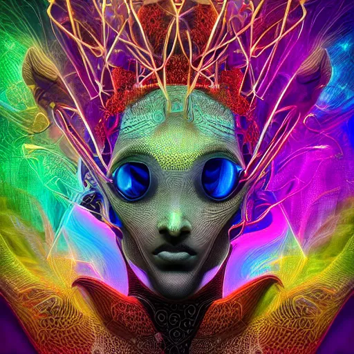 Image similar to Face of a Alien Deity, centered, corals, plume made of geometry, extremly detailed digital painting, sharp focus in the style of android jones, artwork of a futuristic artificial intelligence superstar with frames made of detailed circuits, mystical colors, rim light, beautiful lighting, 8k, stunning scene, raytracing, octane, under water visual distortion, dark tones colors, trending on artstation