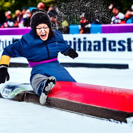 Prompt: sports illustrated olympics photo, an elderly woman sliding down an ice luge at incredibly high speeds