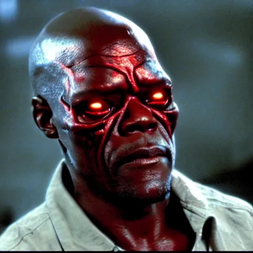 Image similar to Samuel L. Jackson plays Terminator, scary, red eye glowing, skeleton, scene from the film