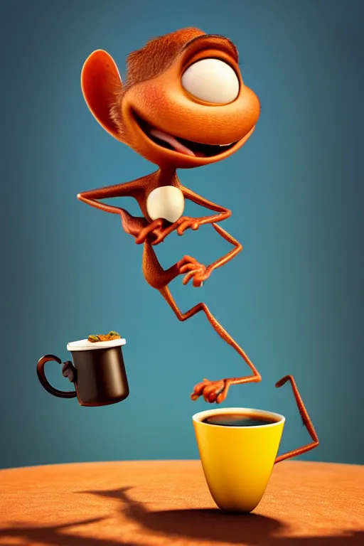 Image similar to a funny ant character with big eyes holding one cup of coffee on top of a leaf at a sunny morning. pixar disney 4 k 3 d render movie oscar winning trending on artstation and behance. ratatouille style.