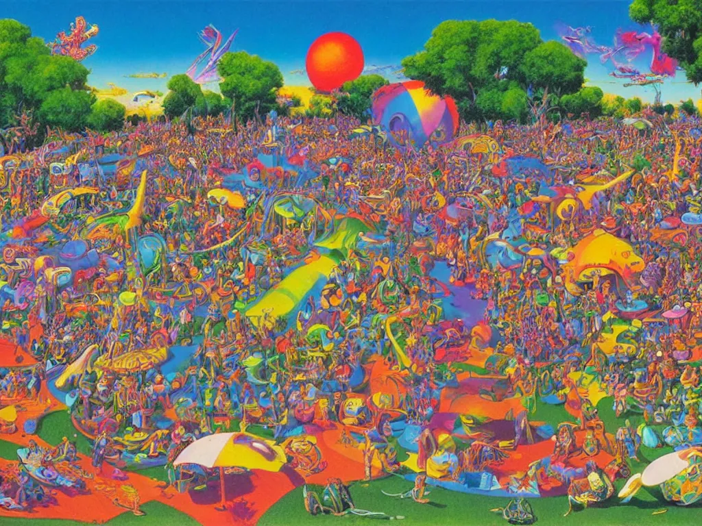 Prompt: a beautiful view of a groovypunk gathering in a public park, art by ron walotsky and peter max and roger dean