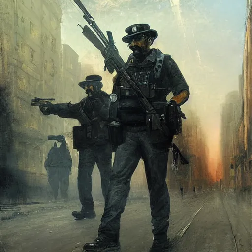 Prompt: highly detailed painting of metrocops patrolling city - 1 7, shotgun in hand, streets of nyc, by william turner, by greg rutkowski, by william constable, thick brush strokes and visible paint layers, 4 k resolution