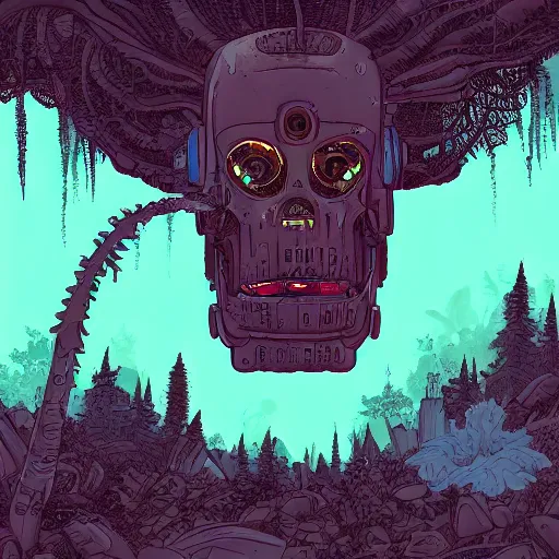 Image similar to in the style of ghostshrimp and deathburger and laurie greasley a giant decaying robot head in a forest that has been turned into a quaint house, highly detailed, 8k wallpaper