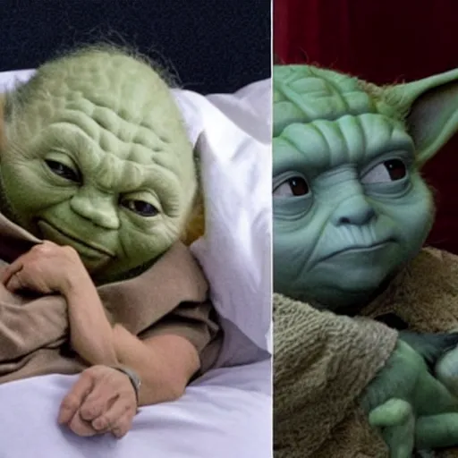 Image similar to putin sleeping in bed next to yoda