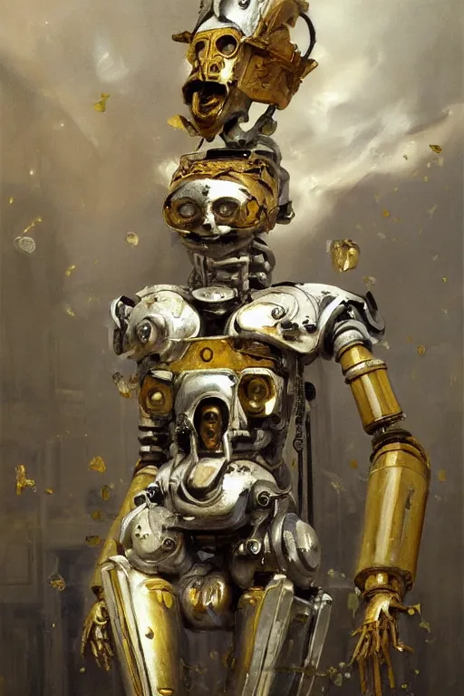 Prompt: beautiful expressive oil painting portrait of ancient robot god queen, silver exoskeleton, with a scratched gold skull mask, japan iconography, art by anders zorn, wonderful masterpiece by greg rutkowski, beautiful cinematic light, american romanticism by greg manchess, jessica rossier