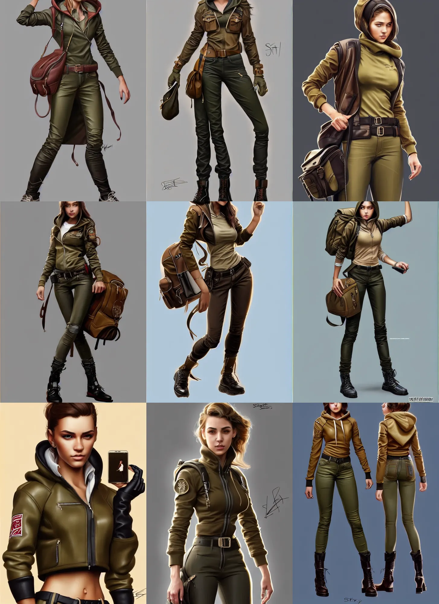 Prompt: full figure character concept art of a gorgeous young woman wearing a designer khaki outfit with a backpack and hoodie and leather belts in the style of stefan kostic, realistic, sharp focus, 8k high definition, insanely detailed, intricate, elegant, art by stanley lau and artgerm
