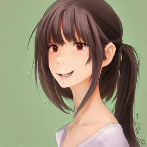 Prompt: A medium shot anime portrait of a happy woman with brown hair, a single short ponytail, she has bright-blue eyes, open mouth, a big forehead, and large eyebrows, without glasses, by Stanley Artgerm Lau, WLOP, Rossdraws, James Jean, Andrei Riabovitchev, Marc Simonetti, and Sakimi chan, trending on artstation