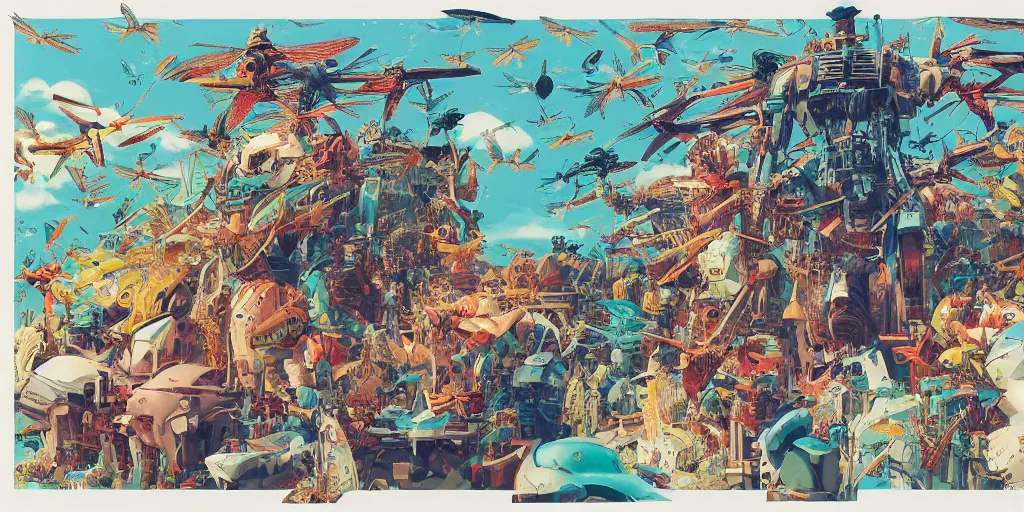 Image similar to risograph rendition, gigantic mecha arzach birds with dragonflies, tiny rats, a lot of exotic animals around, big human faces everywhere, helicopters and tremendous birds, by satoshi kon and moebius, matte bright colors, surreal design, crispy, super - detailed, a lot of tiny details, fullshot