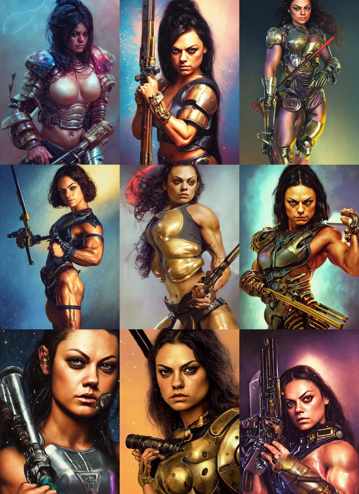 Image similar to bodybuilder mila kunis closeup portrait of a beautiful biblical diabolical samurai girl holding a rifle, cyborg neon armor, foggy fireflies, cinematic studio light, golden hour, gerald brom, mikhail vrubel, peter elson, muted pastel colors, extreme detail, light rain, trending on artstation, 8 k