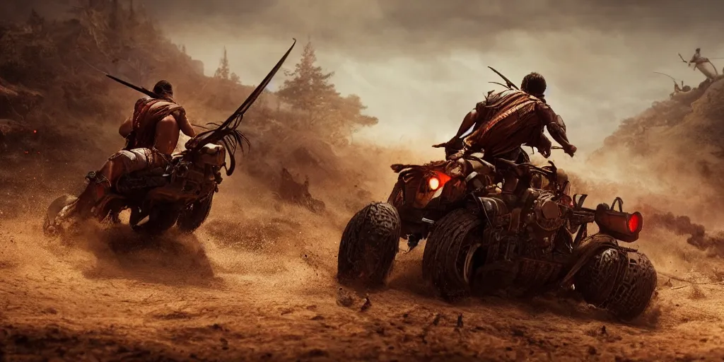 Image similar to indian on wooden native atv attacking bufallos, action scene, an epic fantasy, dramatic lighting, cinematic, establishing shot, extremely high detail, photorealistic, cinematic lighting, artstation, octane render, old photo, buffalo hunt movie, alpha movie, western