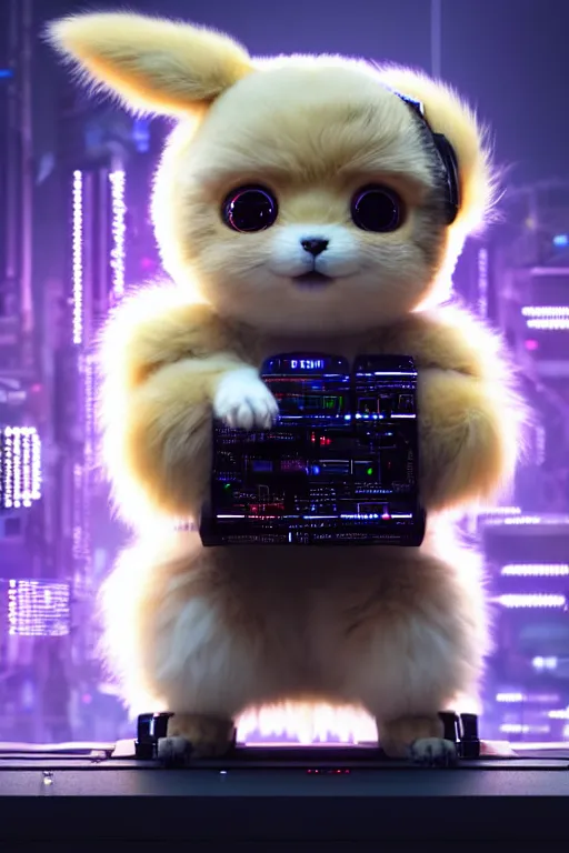 Image similar to high quality 3 d render very cute fluffy cyborg!! dog plays synthesizer, cyberpunk highly detailed, unreal engine cinematic smooth, in the style of blade runner & detective pikachu, hannah yata charlie immer, moody light, low angle, uhd 8 k, sharp focus