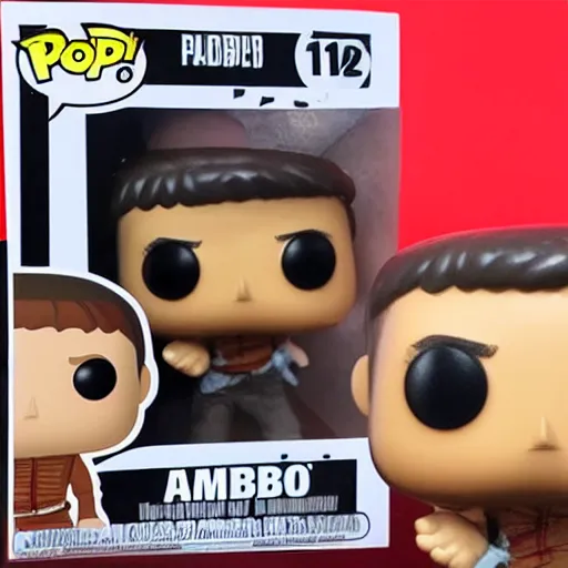 Prompt: a Funko Pop collectible of Rambo. headband. holding in one hand automatic rifle. no text