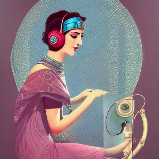 Image similar to intricate, amazing, art deco, retro vintage and romanticism, painting by niloufer wadia, soft color palette, highly detailed, godess with headphones from space sci - fi of ancient religion