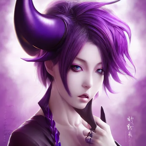 Image similar to beautiful anime woman with purple hair, a horn! on her forehead, a horn on her head, one horn, a single horn, purple eyes, a purple tuxedo, sharp focus, intricate, cell shaded, award winning photography, cinematic, digital painting, cinematic, wlop, 8 k, by ross tran, tom bagshaw