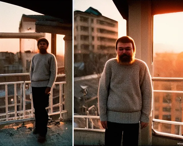 Prompt: lomo photo of 4 0 years russian man with beard and sweater standing on small hrushevka 9 th floor balcony full with cigarette smoke in small russian town looking at sunset, cinestill, bokeh