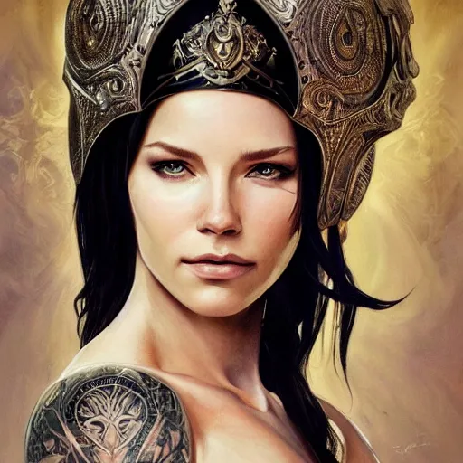 Image similar to an attractive young tattooed female with piercings wearing an white ornate metallic helmet, evangeline lilly, olive skin, long dark hair, beautiful bone structure, intricate, elegant, highly detailed, digital painting, artstation, concept art, smooth, sharp focus, illustration, art by artgerm and greg rutkowski and alphonse mucha