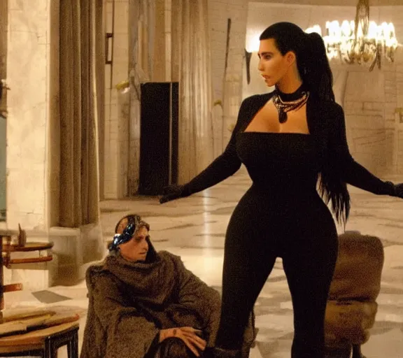 Image similar to a movie still of kim kardashian as a handcuffed prisoner with a chain around her neck bonded to a chair in the movie star wars