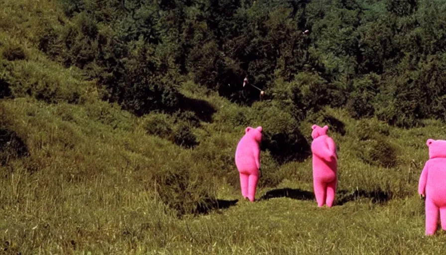 Image similar to people in pink bear suits being hunted by actual bears on a green meadow, movie still, by david lynch, by fellini, by terry gilliam, cinemascope