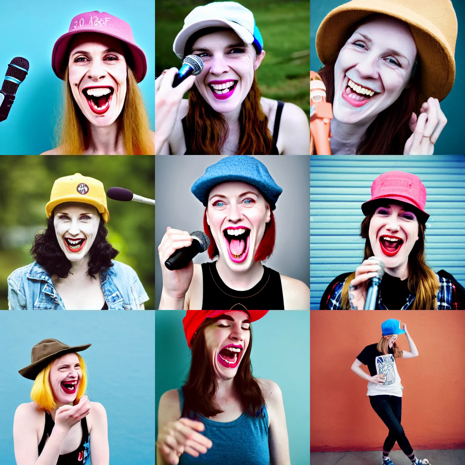 Prompt: an very attractive 3 0 - year - old woman with skatepunk style and flatbrim hat holding a microphone in her right hand, laughing, pale beautiful skin, no makeup, pale blue eyes, a photograph by jane freilicher, tumblr contest winner, lowbrow, adafruit, lighthearted, contest winner