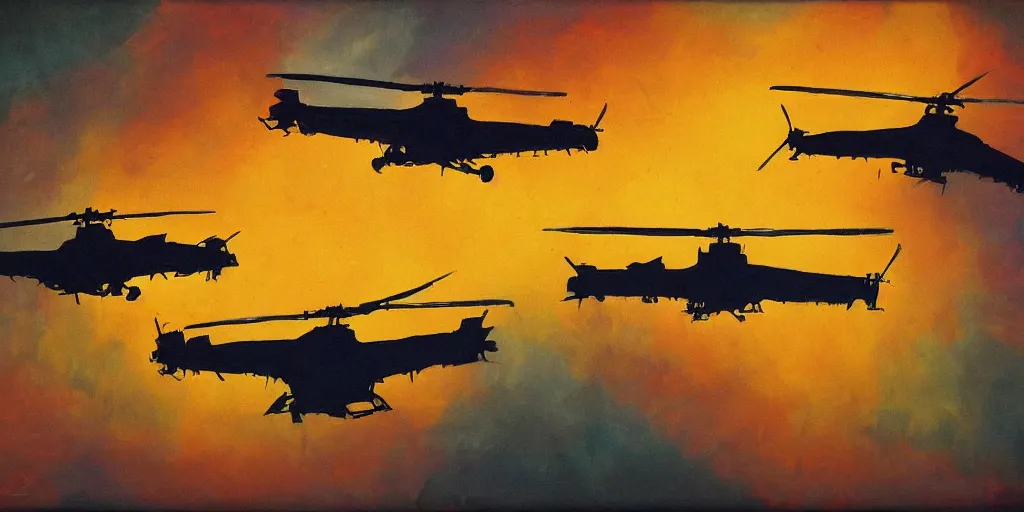 Prompt: Painting of vietnam American helicopters, above a forest, orange sun set, abstract, realism, 8k, detailed, glow