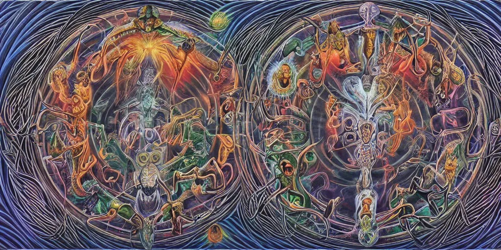 Image similar to drawing inspiration from sri lankan demonology, divine disease is an artistic representation of the malefic deity whose presence is responsible for the cause of epidemics and infectious diseases, concept art, biomechanical, realistic oil painting by alex grey