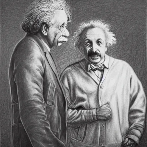 Image similar to Einstein and Newton speaks each other on a topic, pencil drawing, ultra detailed