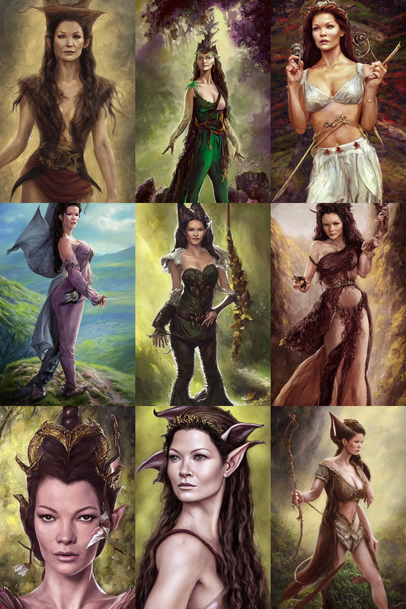 Image similar to a full body high detail fantasy portrait oil painting illustration of young catherine zeta - jones as a beautiful sophisticated singing bard elf by justin sweet with face and body clearly visible, in a scenic background, pupils visible, realistic proportions, d & d, rpg, forgotten realms, artstation trending, high quality, sombre mood, artstation trending, muted colours, entire person visible!