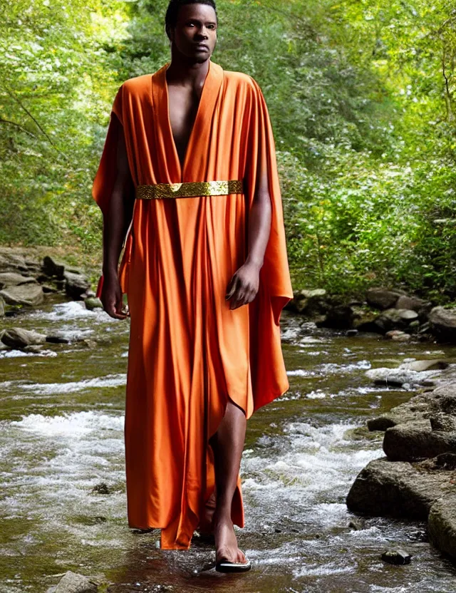 Image similar to longshot modern ancient roman toga cloak nature african american walking along small creek river in the woods marc jacobs gucci cerulean orange intricate textile robes gold