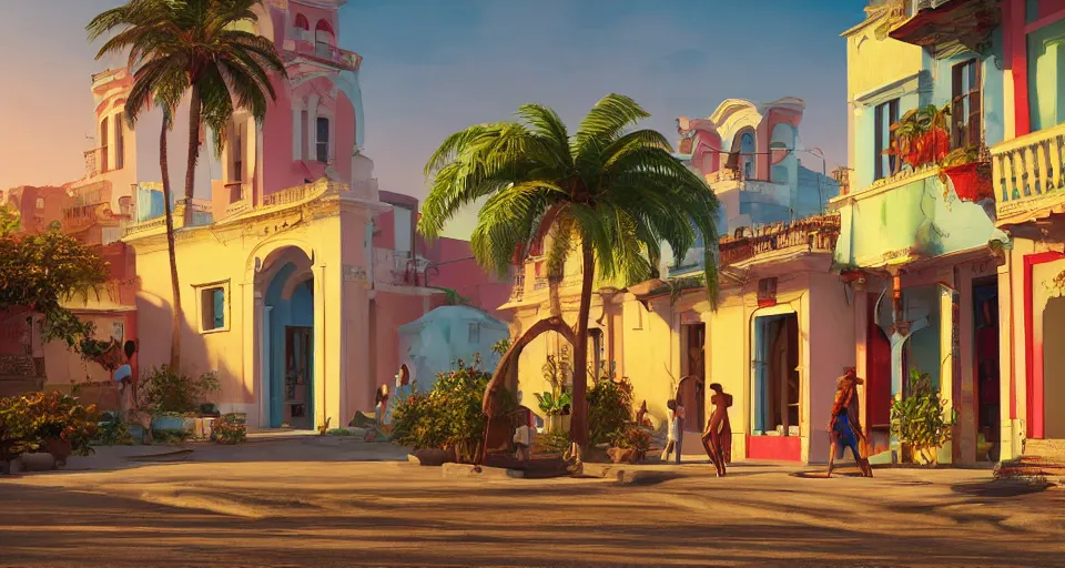 Prompt: beautiful painting concept art of cuban houses and storefront without characters, colonial architecture, intricate and smooth colors, front view, colorful octane render, beautiful dawn light, cinematic composition, art style by pixar and michal sawtyruk