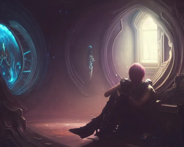 Prompt: a 4 k cinematic screenshot still portrait of a emo in a dark luminal space room listening to music wearing headphones, deep focus, d & d, fantasy, intricate, elegant, highly detailed, digital painting, artstation, concept art, matte, sharp focus, illustration, dark fantasy style art, hearthstone, art by artgerm and greg rutkowski and alphonse mucha