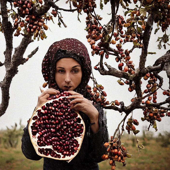 Image similar to a closeup portrait of a woman wearing a hood made of holes and rusted nails, picking pomegranates from a tree in an orchard, foggy, moody, photograph, by vincent desiderio, canon eos c 3 0 0, ƒ 1. 8, 3 5 mm, 8 k, medium - format print