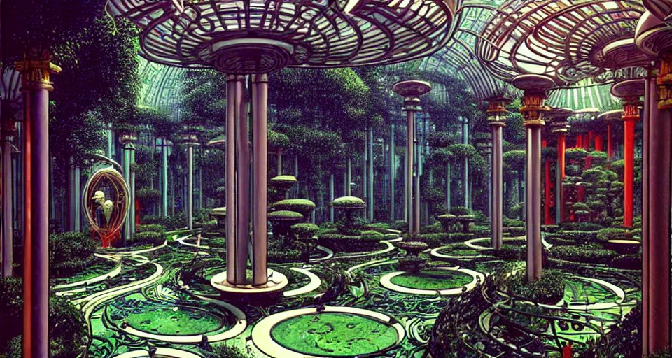 Image similar to a luxurious scifi futuristic victorian garden courtyard by killian eng, moebius, philippe druillet