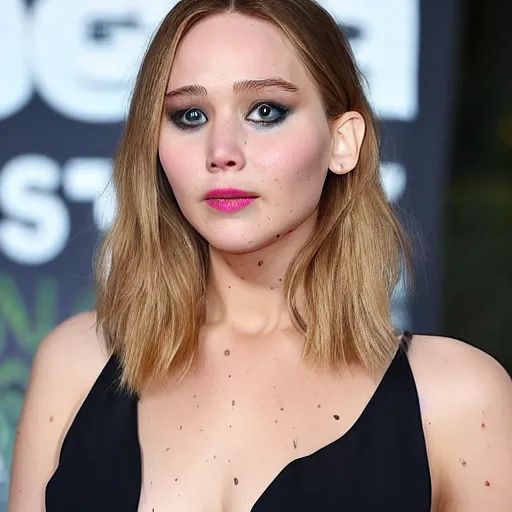 Image similar to a woman who is a genetic combination of jennifer lawrence and elizabeth olsen face and upper - body focus