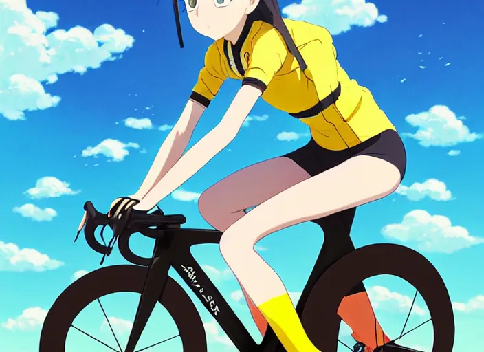 Prompt: portrait of cute girl riding road bike, sunny sky background, lush landscape, illustration concept art anime key visual trending pixiv fanbox by wlop and greg rutkowski and makoto shinkai and studio ghibli and kyoto animation, symmetrical facial features, sports clothing, yellow helmet, nike cycling suit, backlit, aerodynamic carbon frame, sponsors logo, two legs