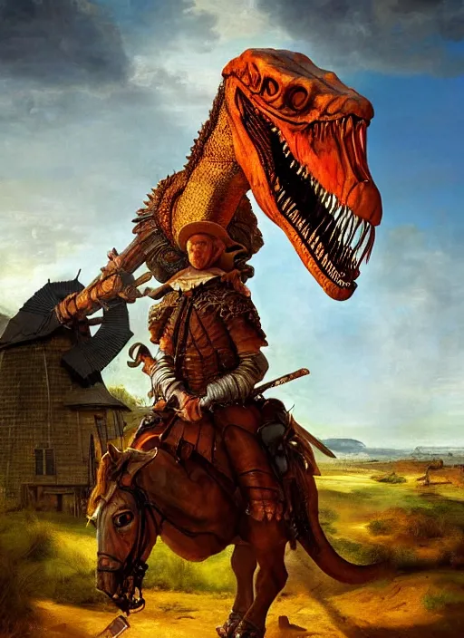 Prompt: portrait of don quixote sitting on a t - rex, windmill, summer, sun in the zenith, digital art, highly detailed, stunning scene, realism, bright colors, trending on artstation, masterpiece, by rembrandt