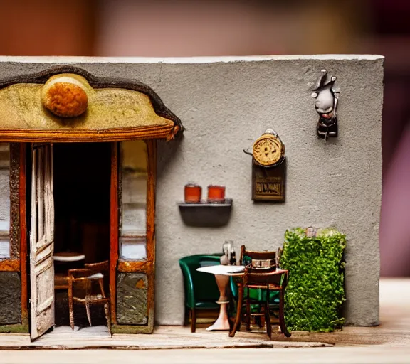 Image similar to macro photo, diorama of a miniature french restaurant for mice, interior