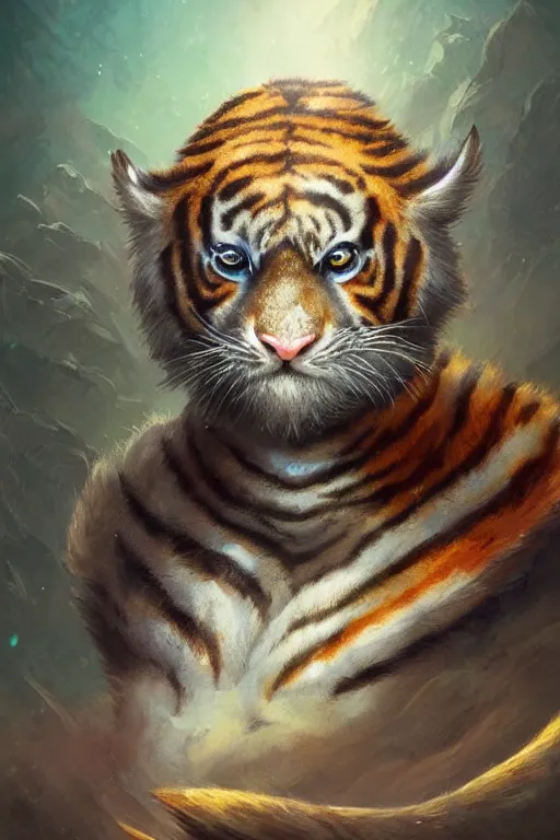 Image similar to a fuzzy dolphin with tiger stripes, tiny, small, miniature , animal, short, adorable, pretty, beautiful, DnD character art portrait, matte fantasy painting, DeviantArt Artstation, by Jason Felix by Steve Argyle by Tyler Jacobson by Peter Mohrbacher, cinematic lighting