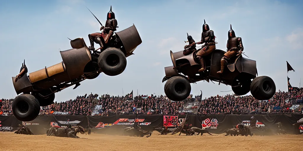 Image similar to medieval cavalry at a monster truck rally