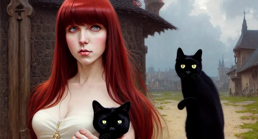 Prompt: mage holding a black cat, red hair straight bangs wearing ivory carved bone armor, medieval town, movie action still frame, ultra wide horizon, intricate, elegant, highly detailed, hyperrealism, digital painting, concept art, smooth, sharp, focus, illustration, art by artgerm, greg rutkowski, ilya kuvshinov, alphonse mucha