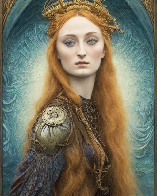 Prompt: matte painting portrait shot, beautiful sophie turner, steampunk, detailed and intricate by jean delville, gustave dore and marco mazzoni, art nouveau, symbolist, visionary, gothic, pre - raphaelite