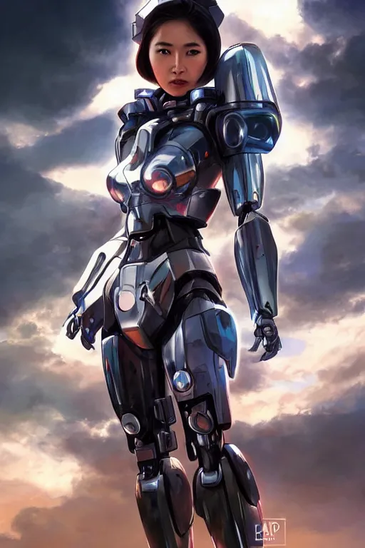 Prompt: a young attractive Asian woman piloting a mecha, dramatic pose, chrome and LEDs, highly detailed, photorealistic, volumetric lighting, digital art, in the style of Artgerm and Tom Bagshaw